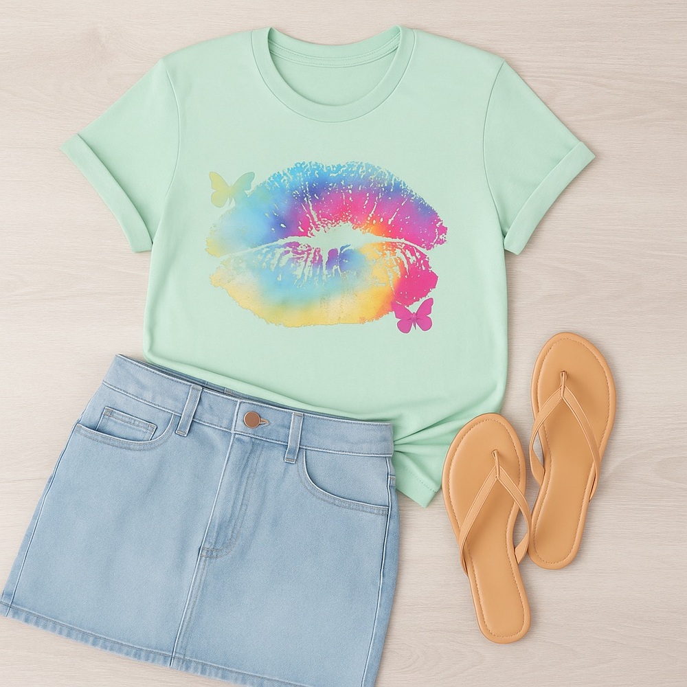 Gildan Mint Green Women's Tee with Rainbow Lip Design
